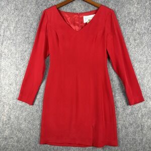 Hugo Buscati Dress Womens 6 Red Silk V-Neck Formal Bodycon Long Sleeve Vintage